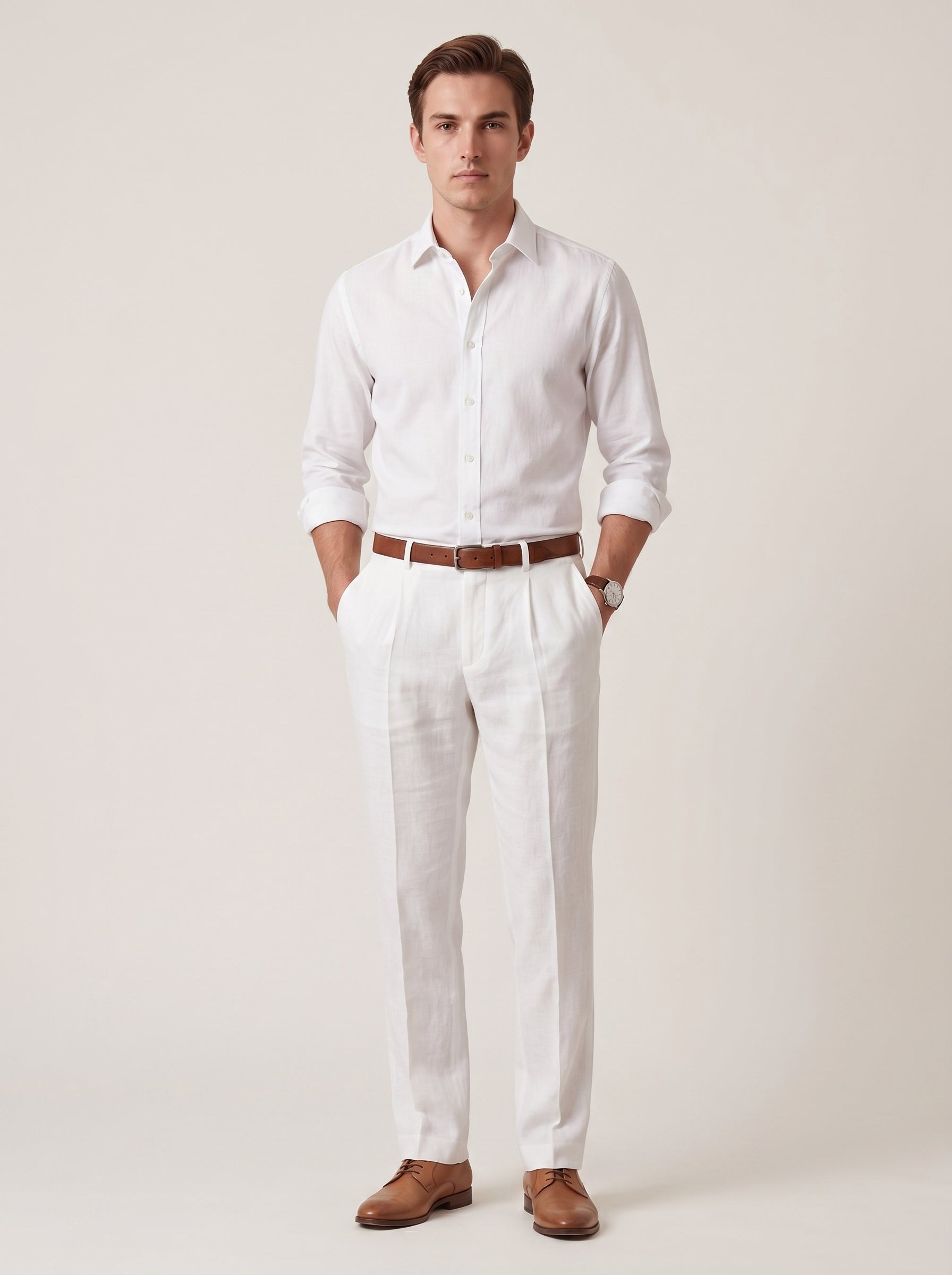 Men's White Linen Wide Leg Trousers – Relaxed Fit Pleated Pants with Pockets