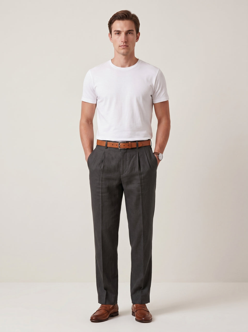 Men's White Linen Wide Leg Trousers – Relaxed Fit Pleated Pants with Pockets