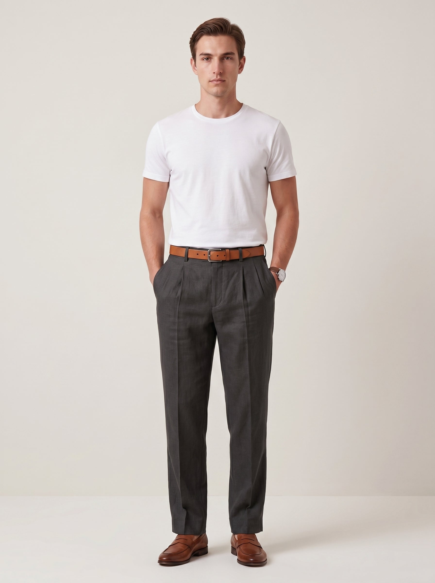 Men's White Linen Wide Leg Trousers – Relaxed Fit Pleated Pants with Pockets