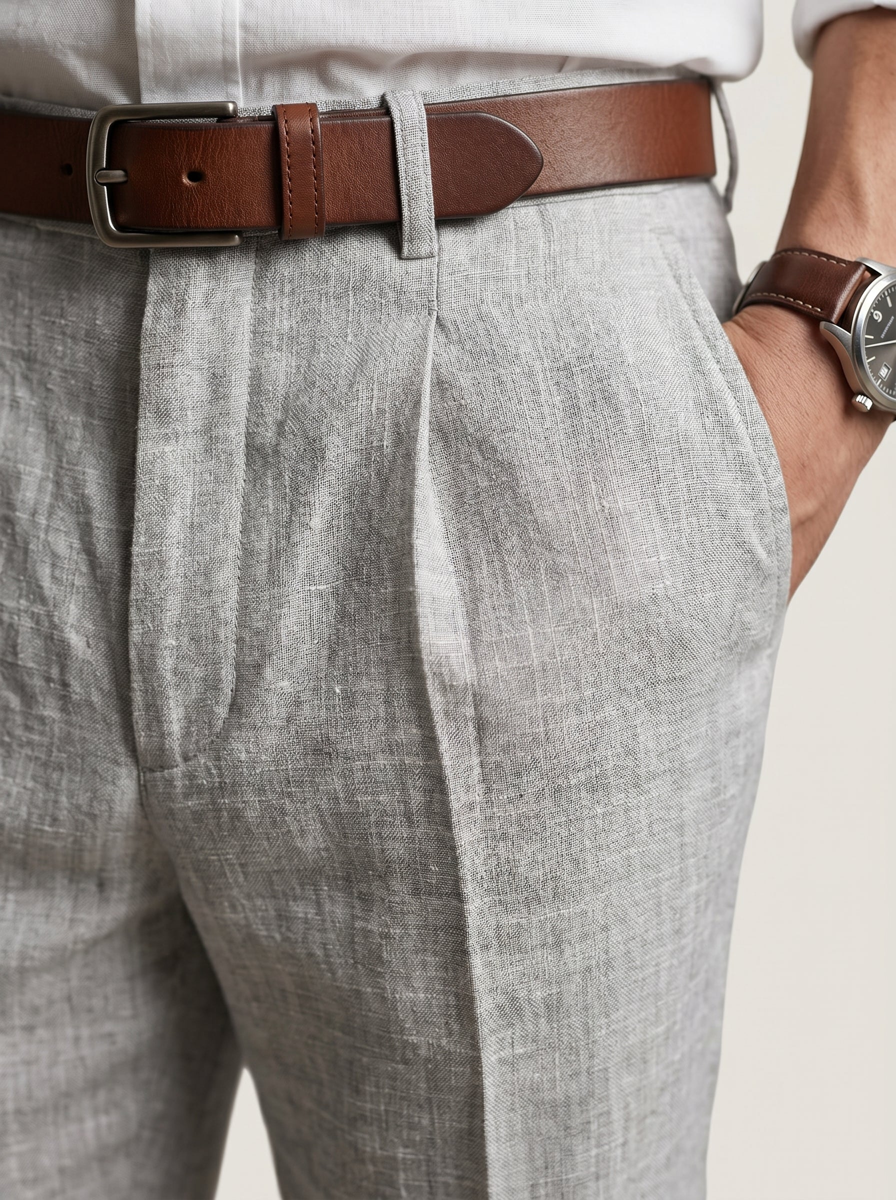 Men's White Linen Wide Leg Trousers – Relaxed Fit Pleated Pants with Pockets