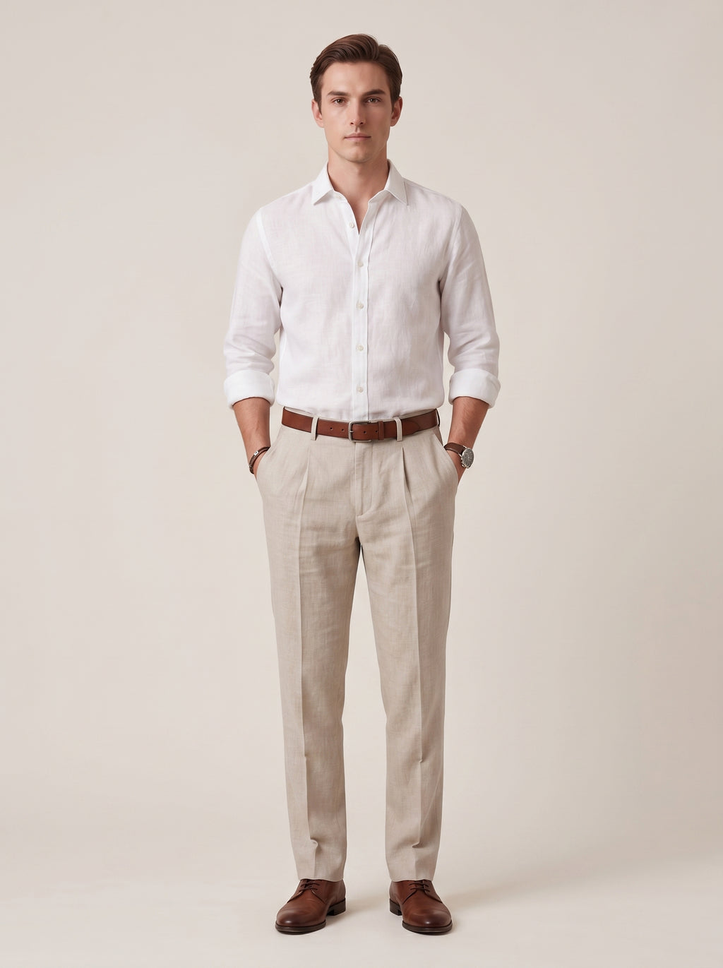 Men's White Linen Wide Leg Trousers – Relaxed Fit Pleated Pants with Pockets