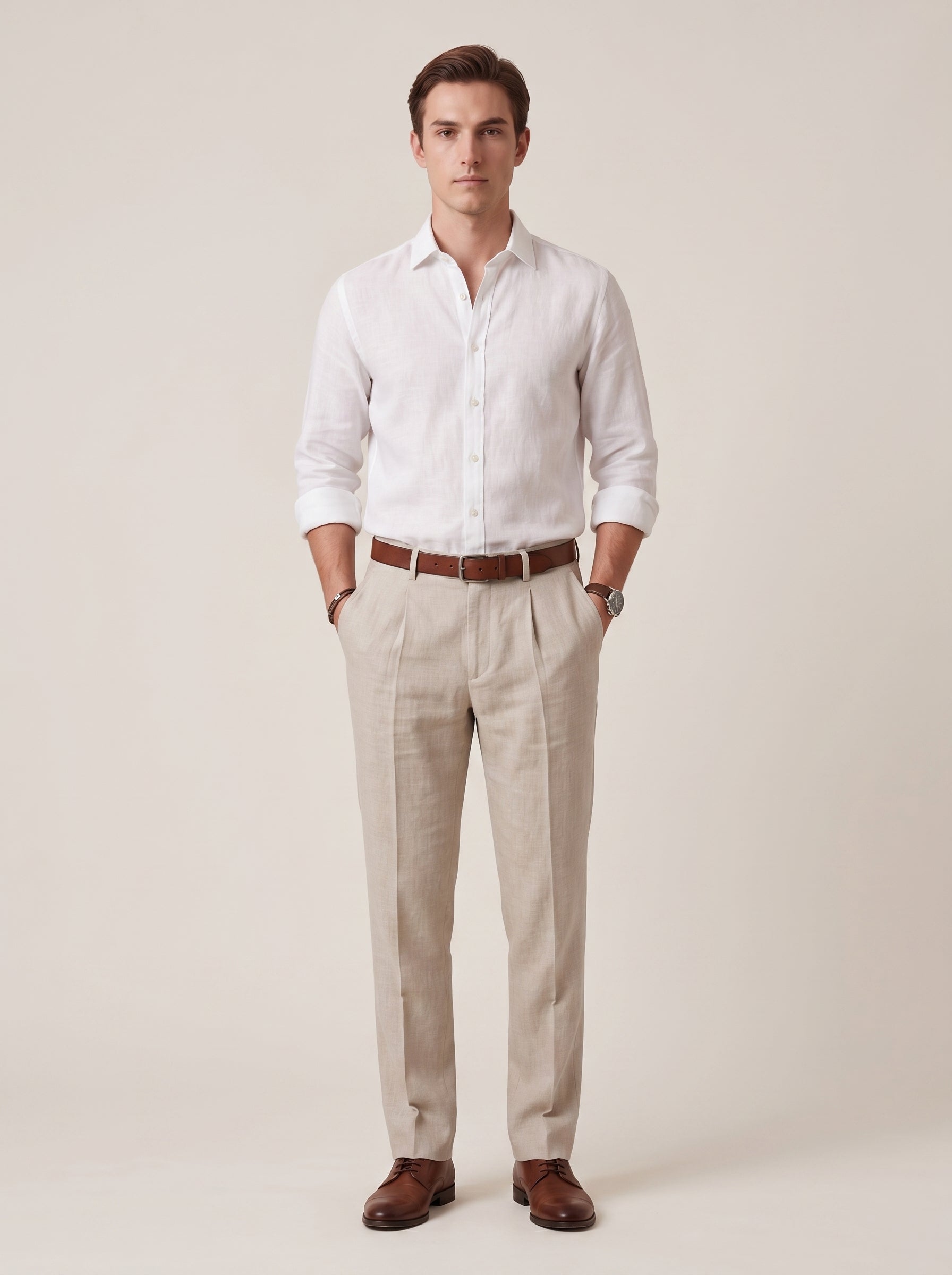 Men's White Linen Wide Leg Trousers – Relaxed Fit Pleated Pants with Pockets