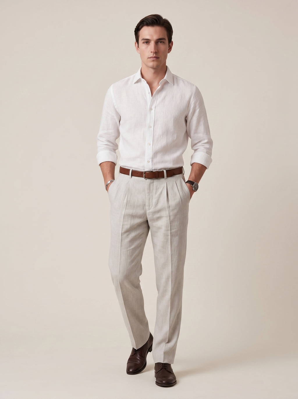 Men's White Linen Wide Leg Trousers – Relaxed Fit Pleated Pants with Pockets