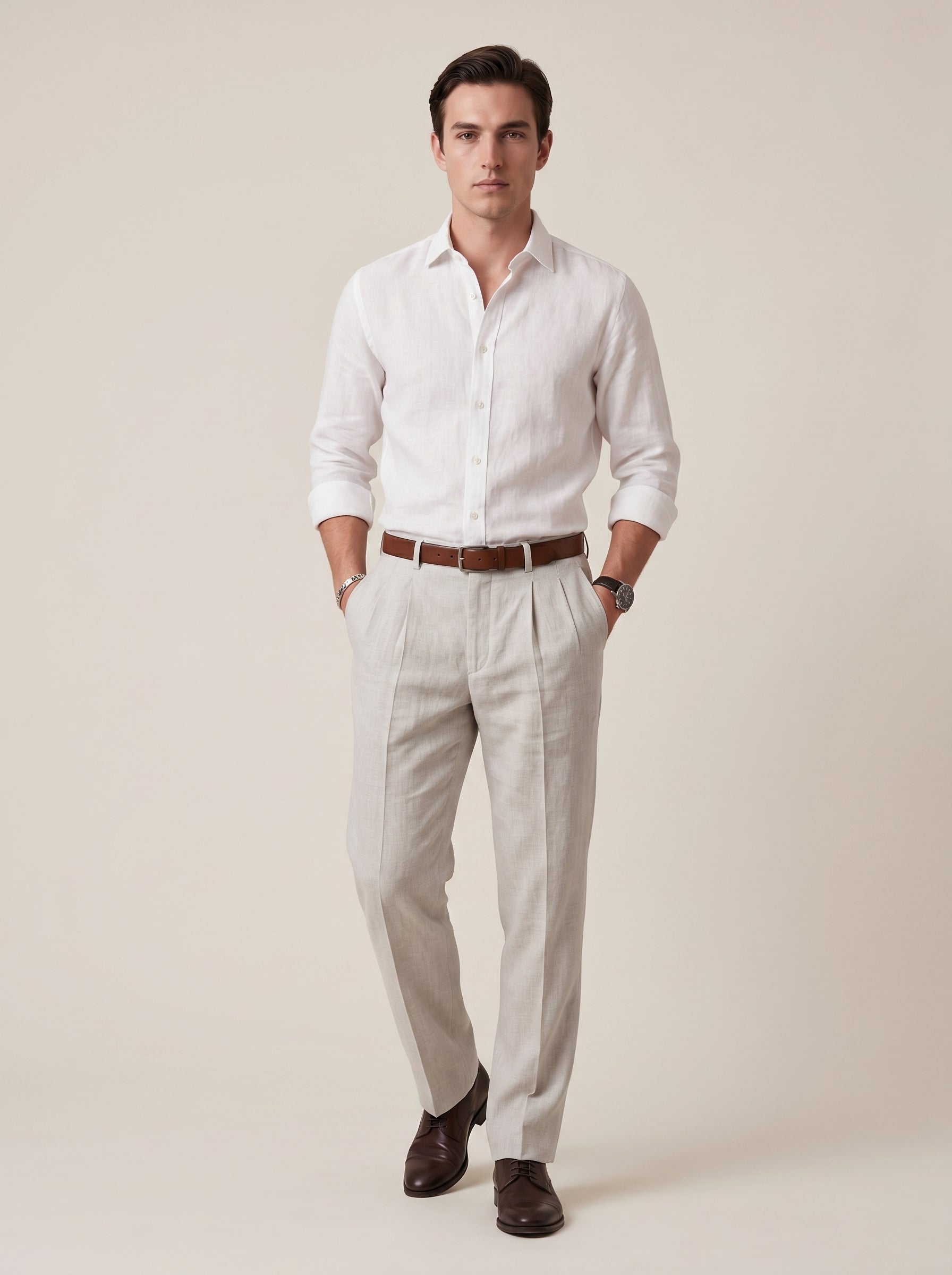 Men's White Linen Wide Leg Trousers – Relaxed Fit Pleated Pants with Pockets